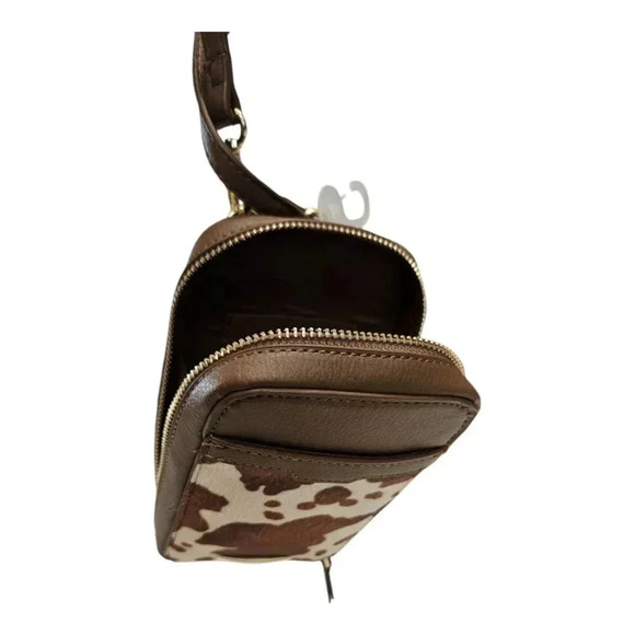 Vegan Leather Faux Cowhide Brown Cow Print Small Crossbody Compact Bag - Picture 5 of 6